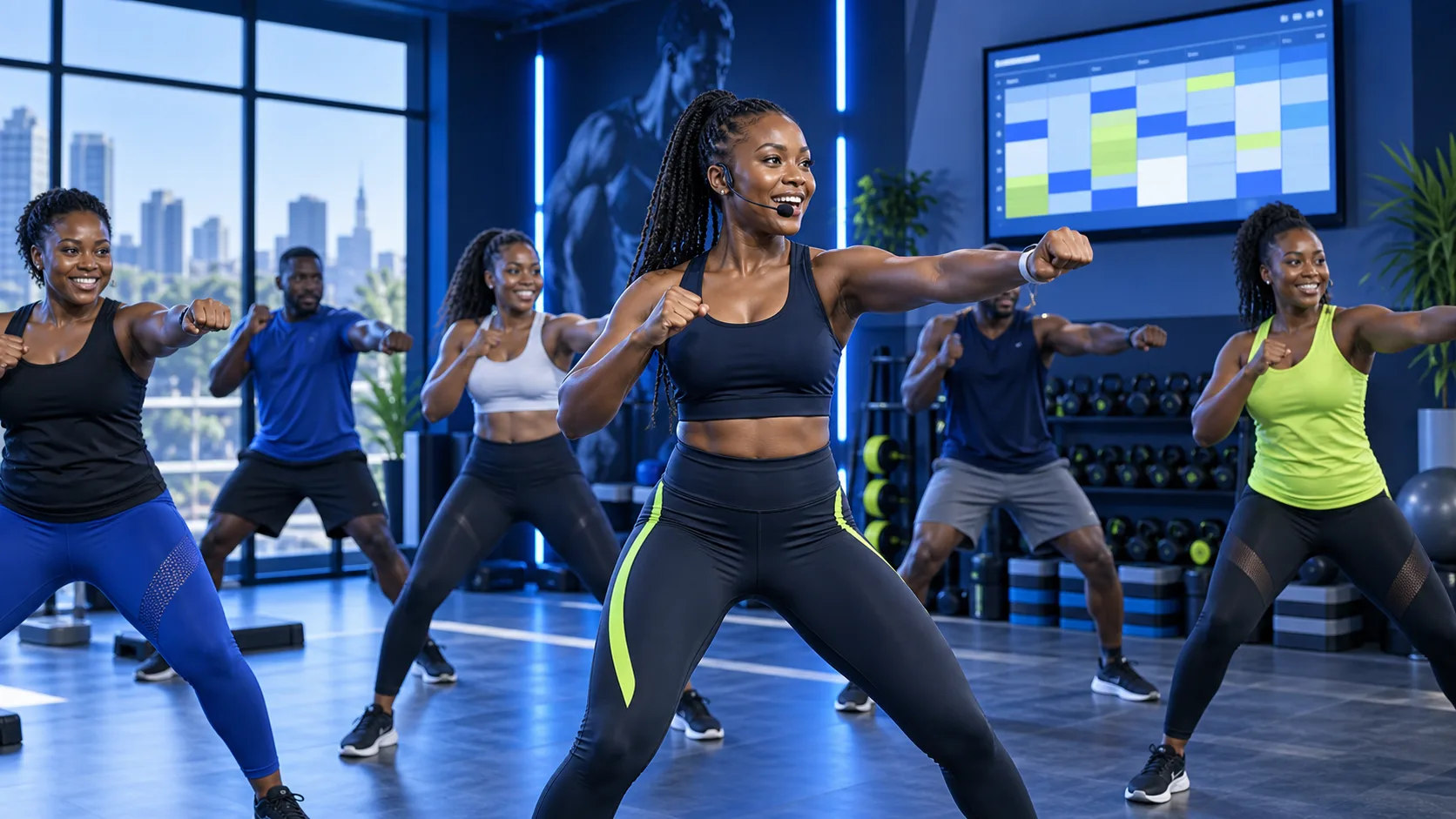 African fitness instructor leading a scheduled group class managed through gym scheduling software