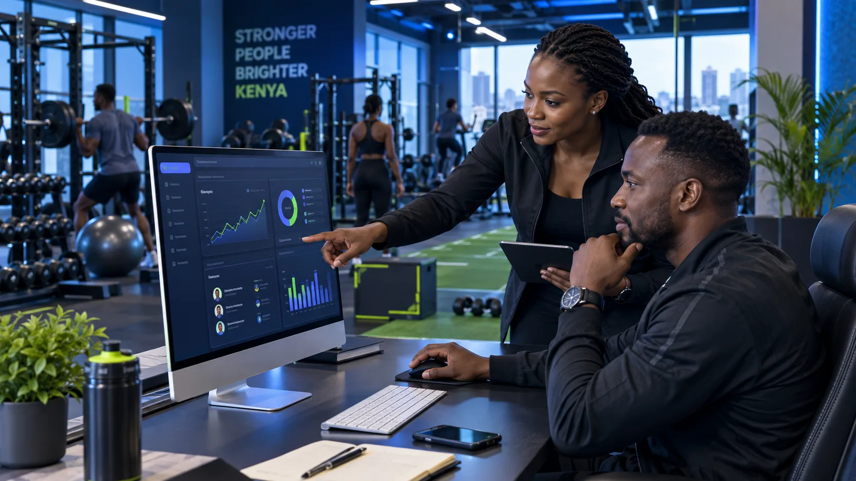 Kenyan gym managers reviewing membership, revenue and attendance analytics in a gym management system