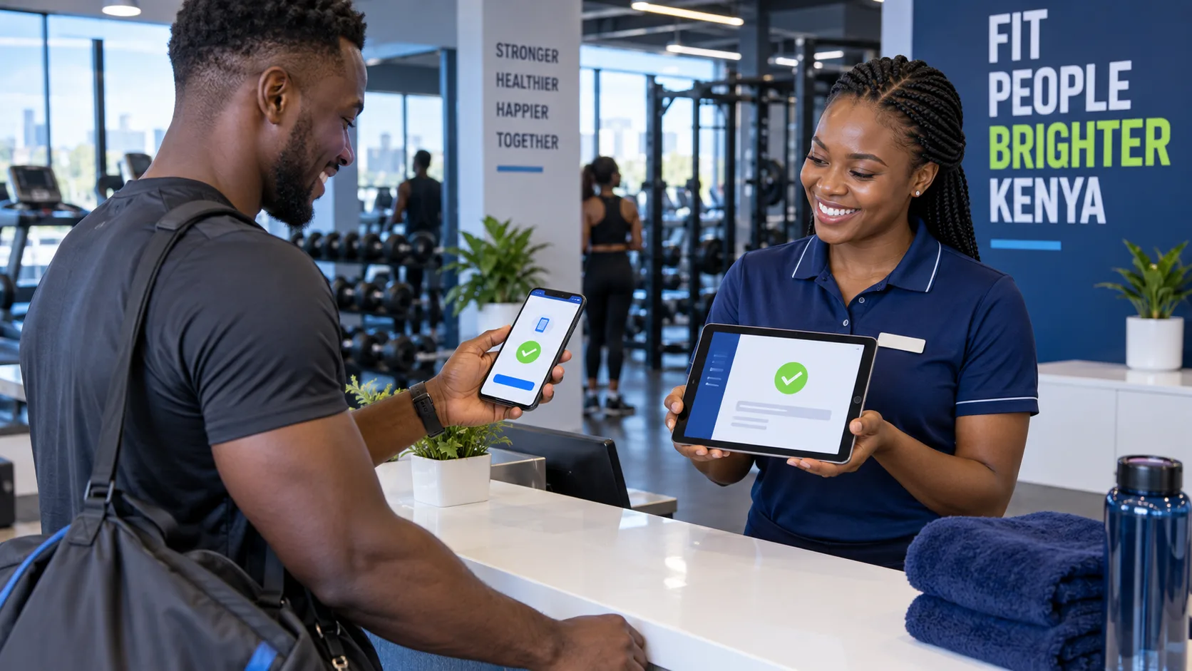 Gym member completing a mobile membership payment while reception confirms the transaction
