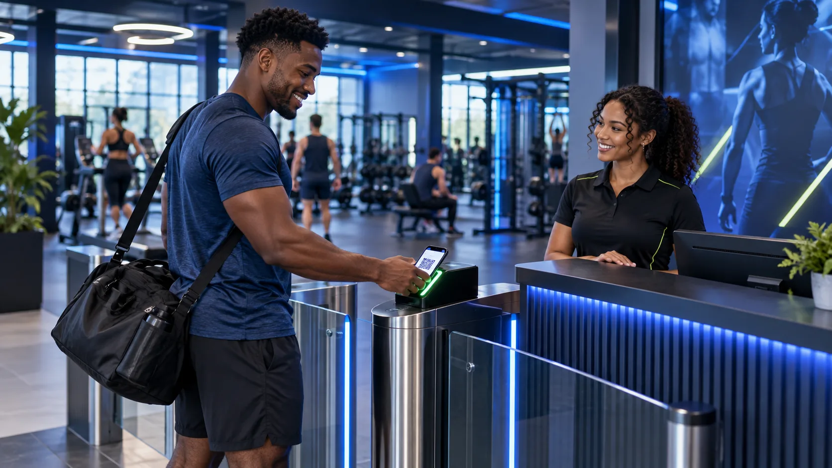 Gym member scanning a QR code at reception for fast and secure attendance check-in