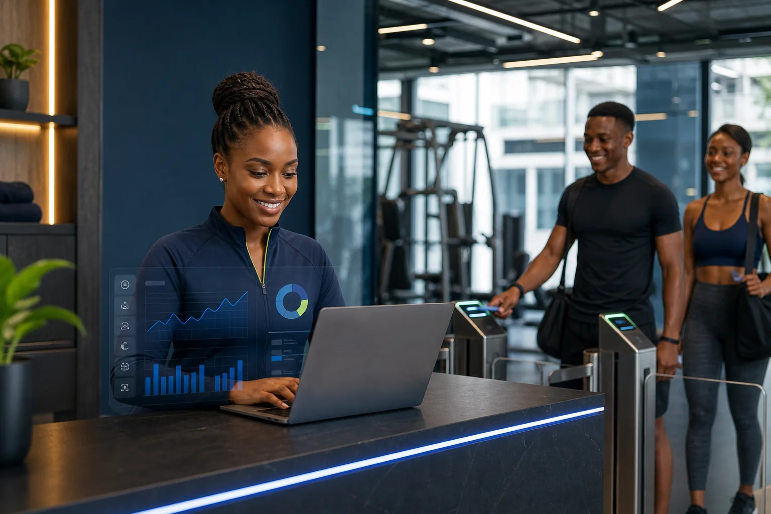 Gym manager monitoring member check-ins and performance with Jim
