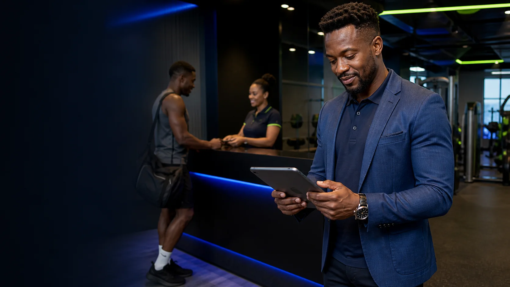 Kenyan gym owner using Jim to review business performance while a member checks in
