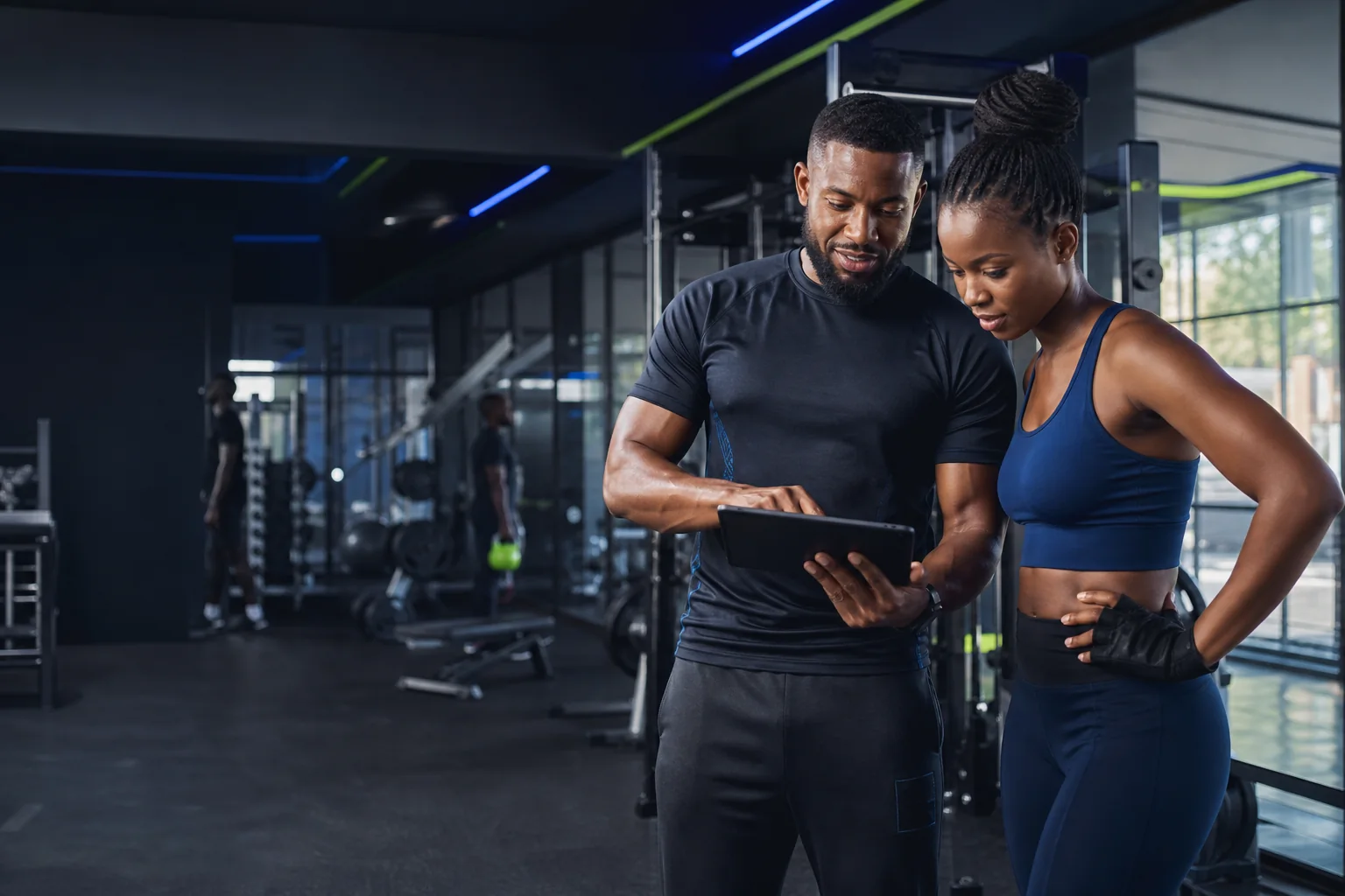 Personal trainer reviewing a member workout and progress plan in Jim
